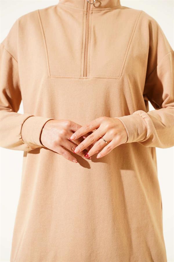 Half Zippered 2 Piece Set Camel