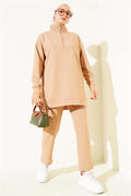 Half Zippered 2 Piece Set Camel