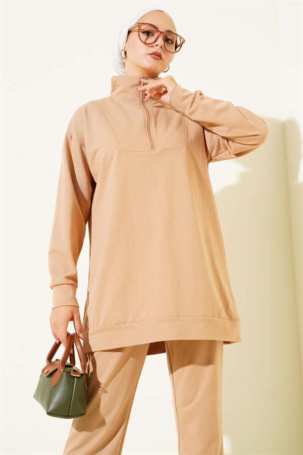 Half Zippered 2 Piece Set Camel
