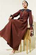 Half Zipper Denim Collar Terikoton Dress Brown