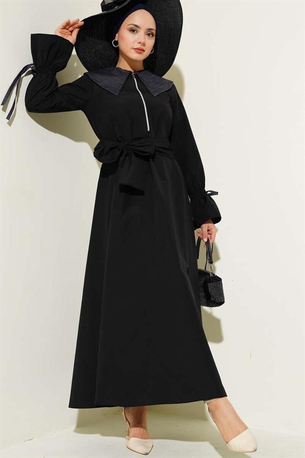 Half Zipper Denim Collar Terikoton Dress Black