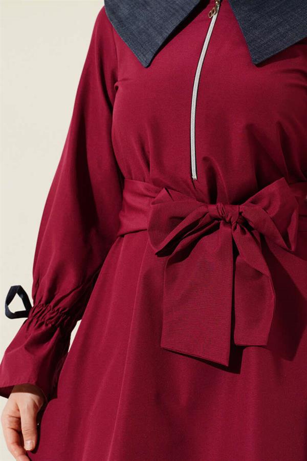 Half Zipper Denim Collar Terikoton Dress Claret Red