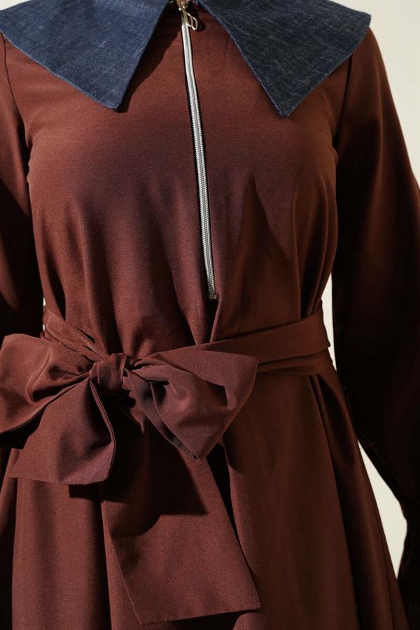Half Zipper Denim Collar Terikoton Dress Brown