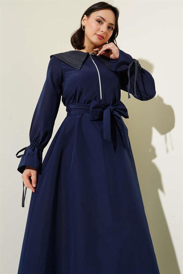 Half Zipper Denim Collar Terikoton Dress Navy Blue