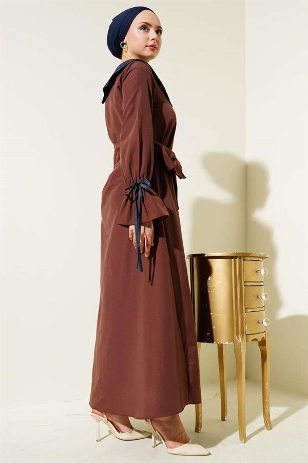 Half Zipper Denim Collar Terikoton Dress Brown