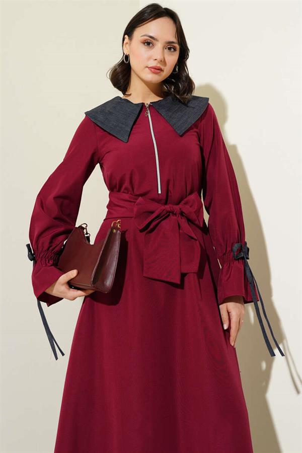 Half Zipper Denim Collar Terikoton Dress Claret Red