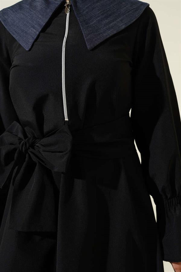 Half Zipper Denim Collar Terikoton Dress Black