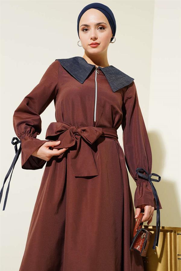 Half Zipper Denim Collar Terikoton Dress Brown