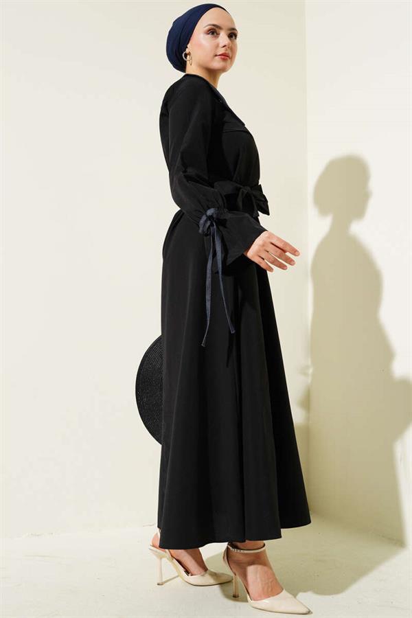 Half Zipper Denim Collar Terikoton Dress Black