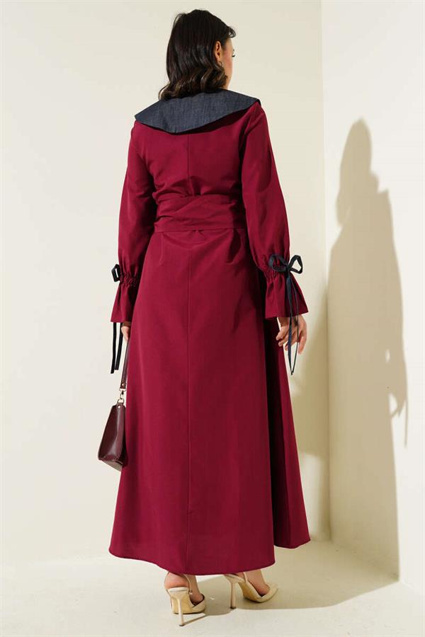 Half Zipper Denim Collar Terikoton Dress Claret Red