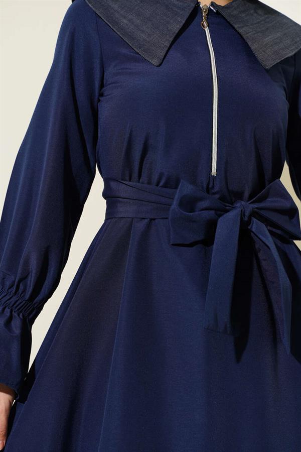 Half Zipper Denim Collar Terikoton Dress Navy Blue