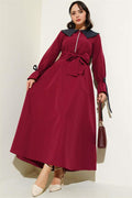 Half Zipper Denim Collar Terikoton Dress Claret Red