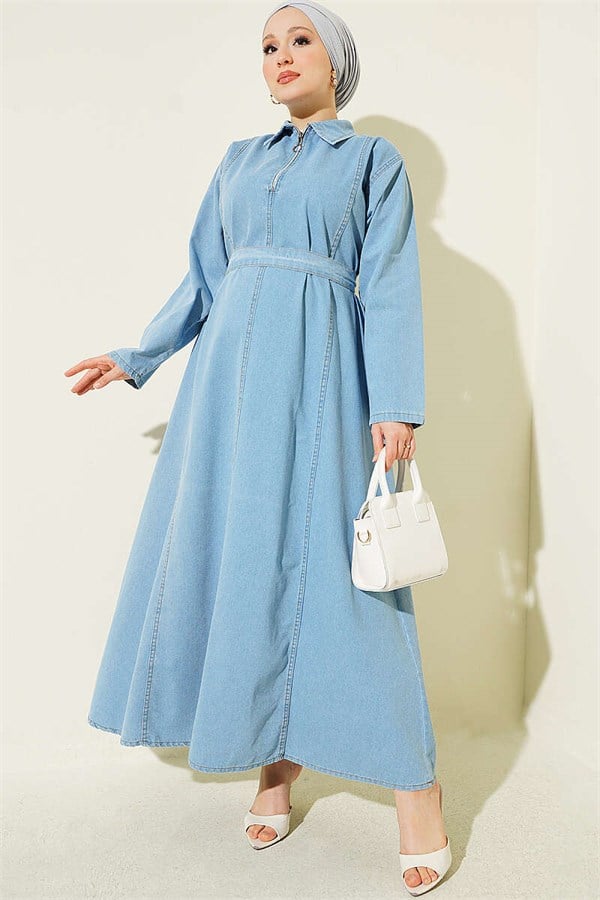 Half-Zip Belted Denim Dress, Light Blue