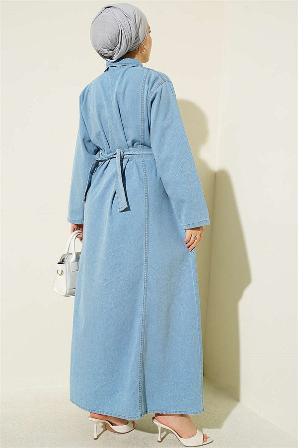 Half-Zip Belted Denim Dress, Light Blue