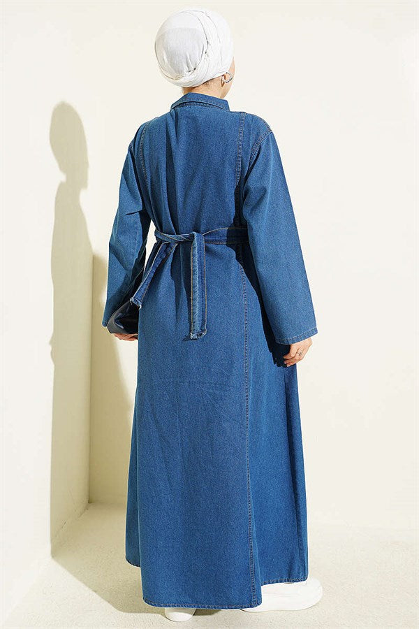 Half-Zip Belted Denim Dress, Blue