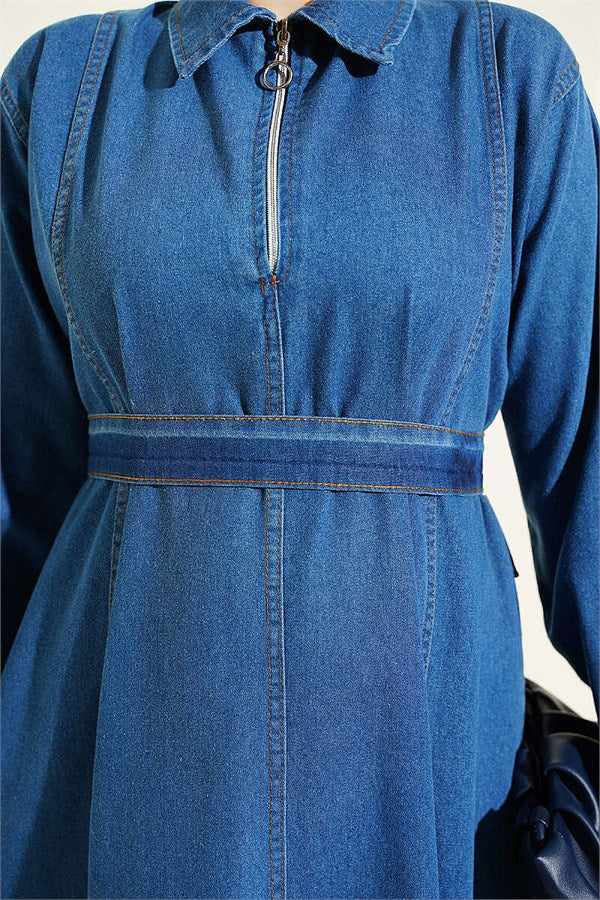 Half-Zip Belted Denim Dress, Blue