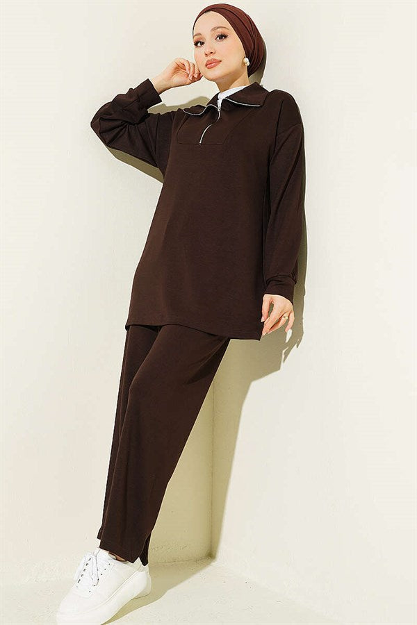 Half-Zip Loysha 2 Piece Set Tunic, Coffee