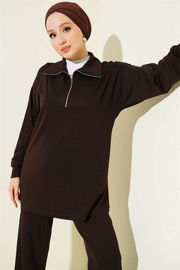 Half-Zip Loysha 2 Piece Set Tunic, Coffee