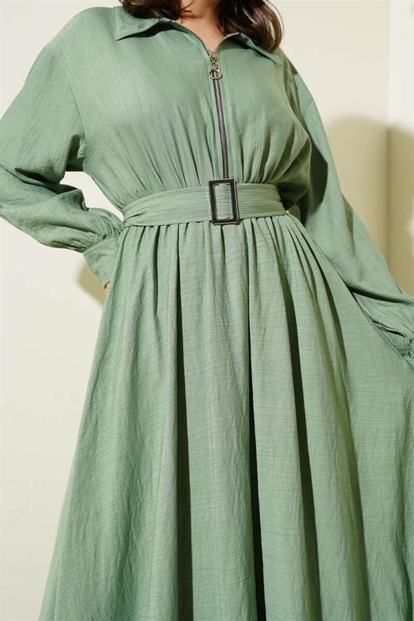 Half Zippered Mevlana Dress Almond Green