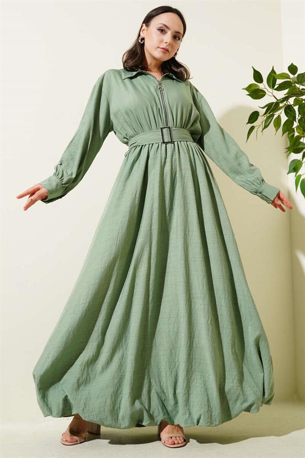 Half Zippered Mevlana Dress Almond Green