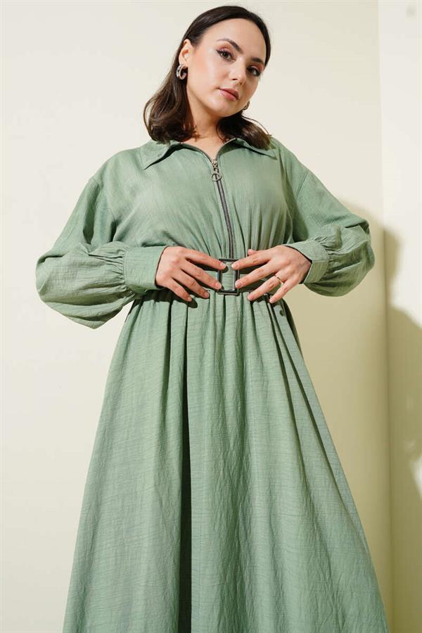 Half Zippered Mevlana Dress Almond Green