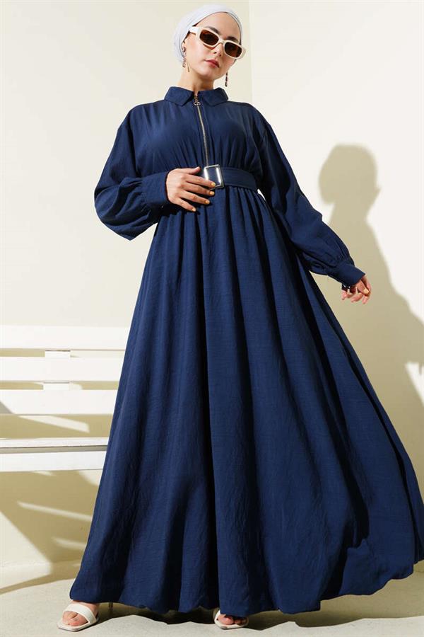 Half Zippered Mevlana Dress Navy Blue