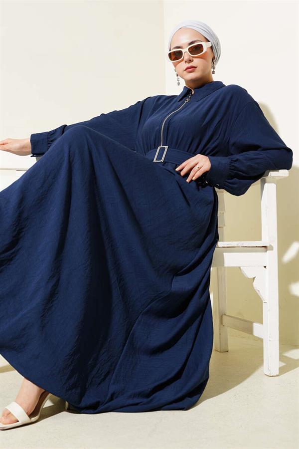 Half Zippered Mevlana Dress Navy Blue