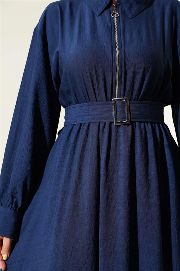 Half Zippered Mevlana Dress Navy Blue