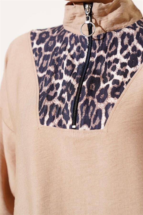 Half Zipper Front Leopard 2 Piece Set Latte