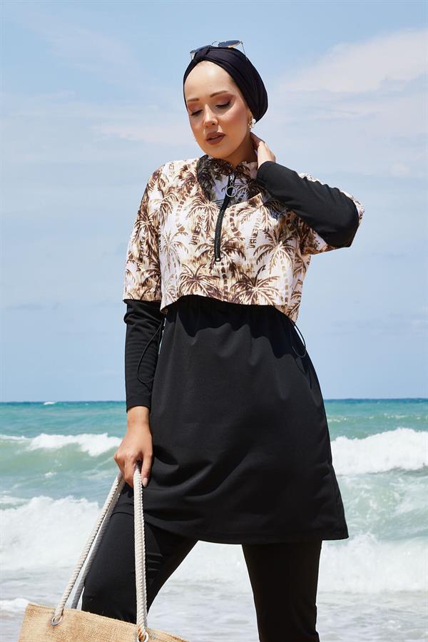 Half Zippered Palm Patterned Modest Swimsuit Brown