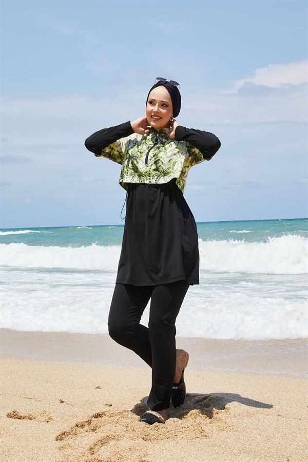 Half Zippered Palm Tree Patterned Modest Swimsuit Green