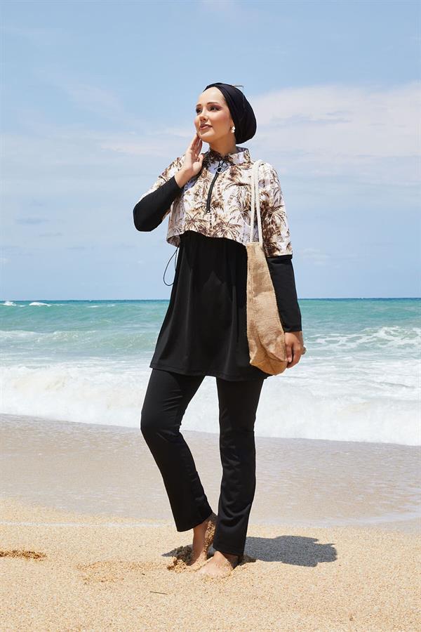Half Zippered Palm Patterned Modest Swimsuit Brown