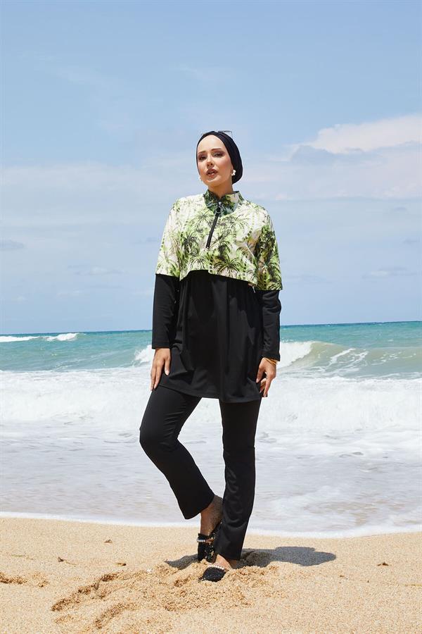Half Zippered Palm Tree Patterned Modest Swimsuit Green
