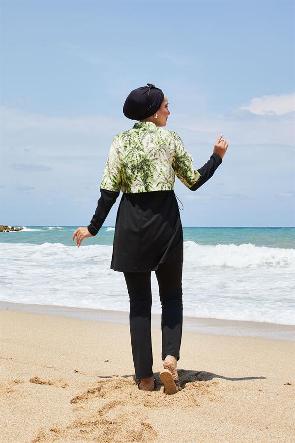Half Zippered Palm Tree Patterned Modest Swimsuit Green