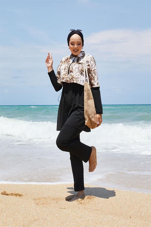 Half Zippered Palm Patterned Modest Swimsuit Brown