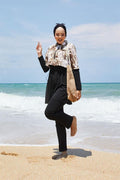 Half Zippered Palm Patterned Modest Swimsuit Brown