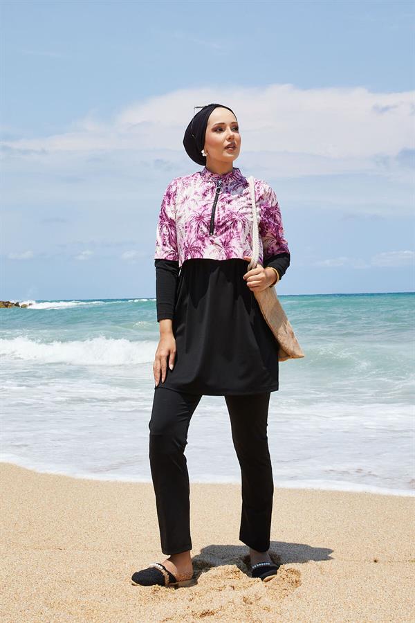 Half Zippered Palm Tree Patterned Modest Swimsuit Purple