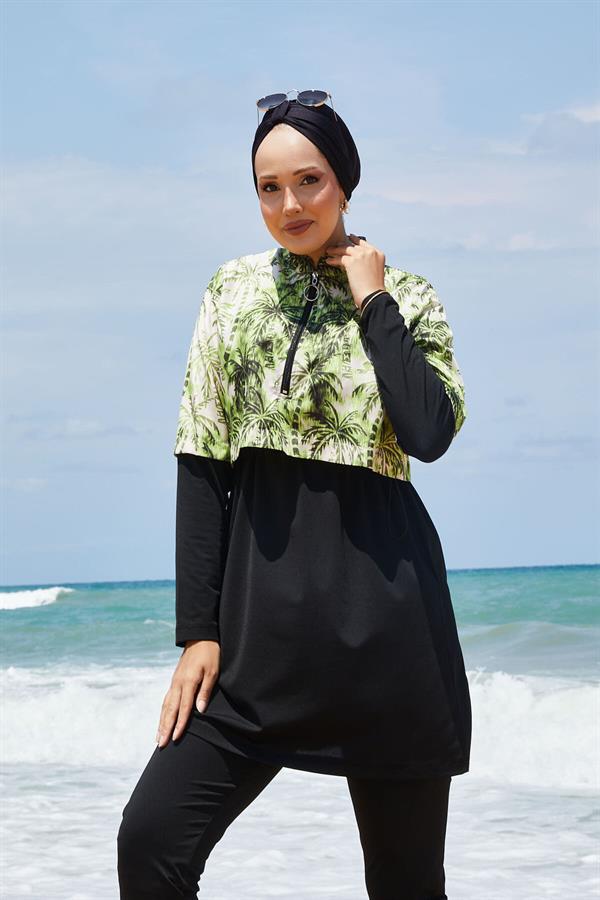 Half Zippered Palm Tree Patterned Modest Swimsuit Green