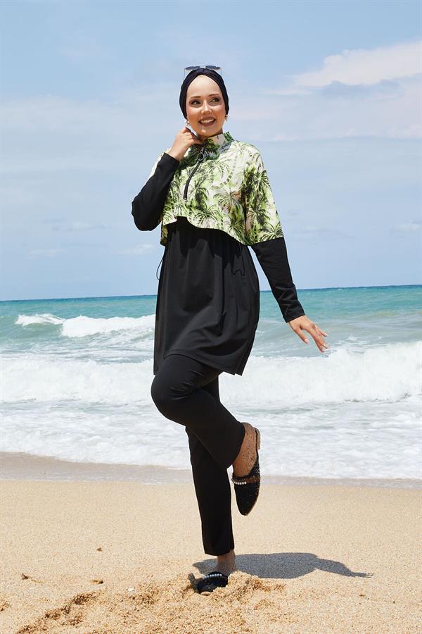 Half Zippered Palm Tree Patterned Modest Swimsuit Green