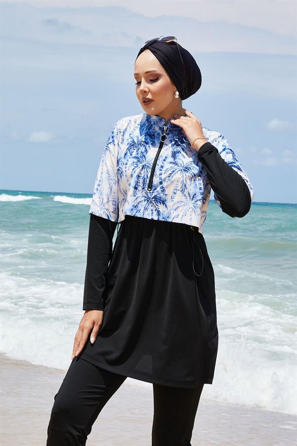 Half Zippered Palm Tree Pattern Modest Swimsuit Indigo