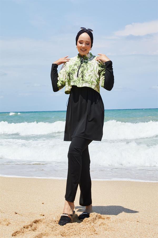 Half Zippered Palm Tree Patterned Modest Swimsuit Green