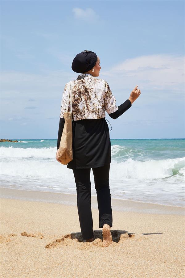 Half Zippered Palm Patterned Modest Swimsuit Brown