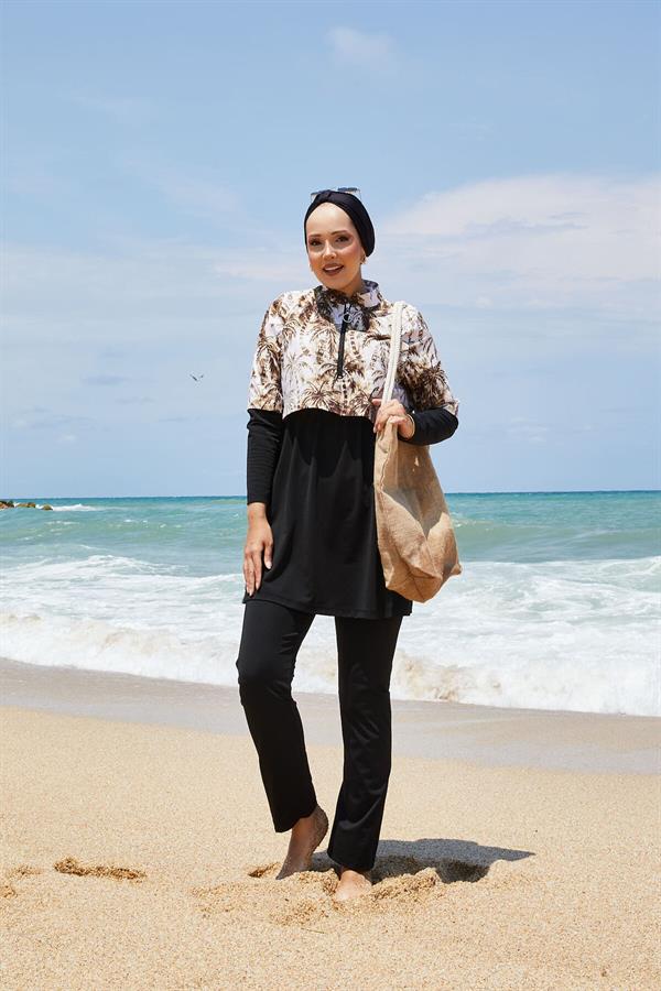 Half Zippered Palm Patterned Modest Swimsuit Brown