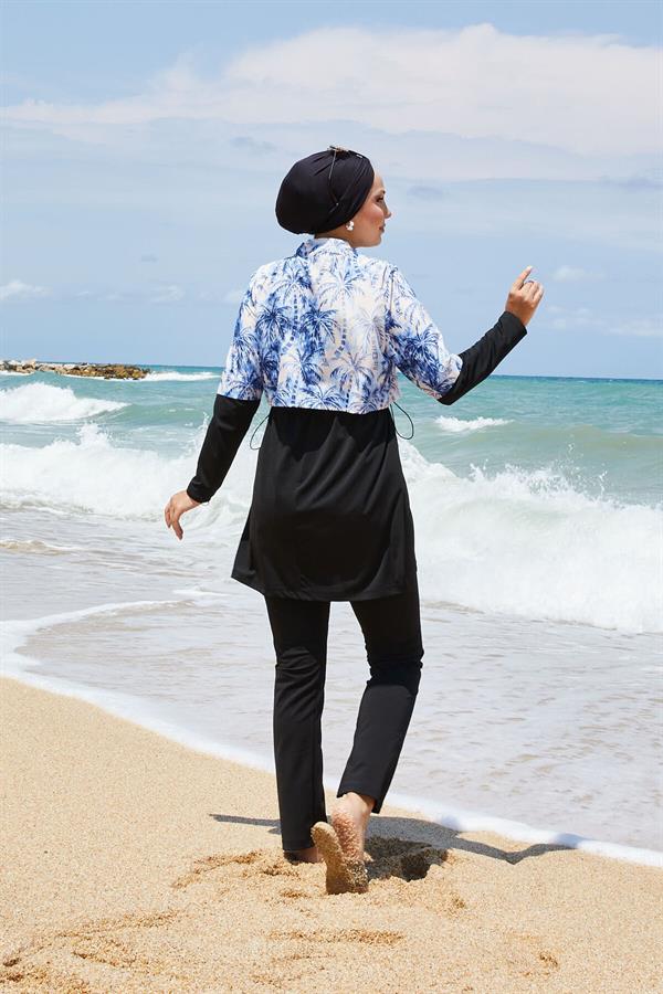 Half Zippered Palm Tree Pattern Modest Swimsuit Indigo