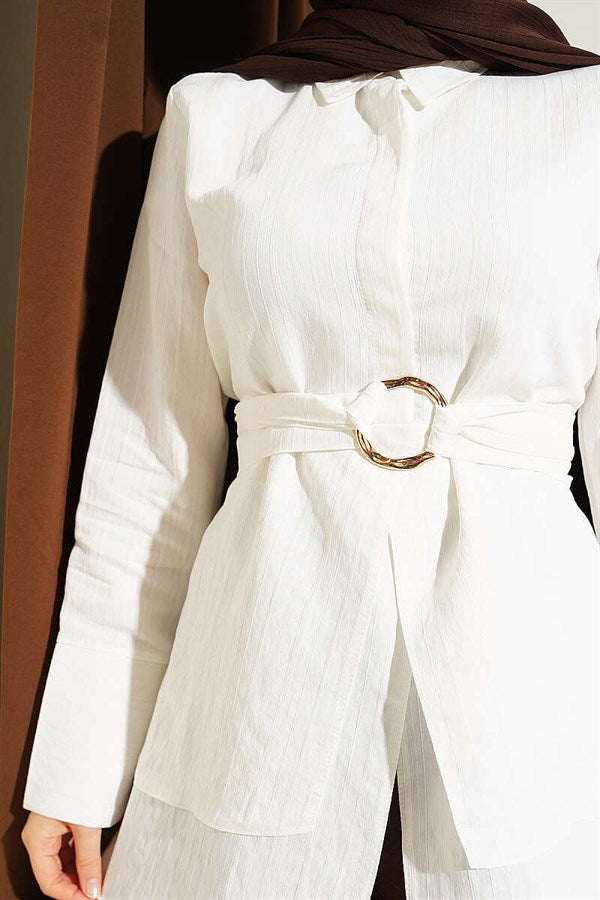 Half-Hidden Button Tie Tunic, Ecru