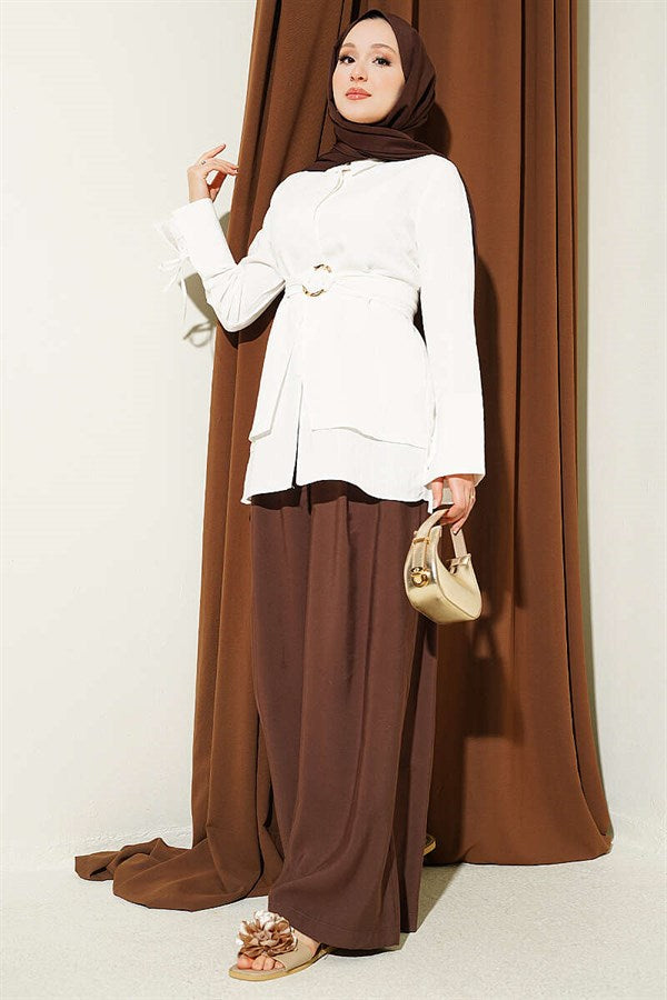 Half-Hidden Button Tie Tunic, Ecru