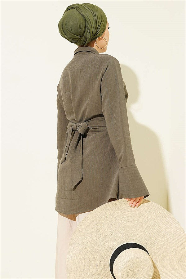Half-Hidden Button Tie Tunic, Khaki