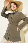 Half-Hidden Button Tie Tunic, Khaki