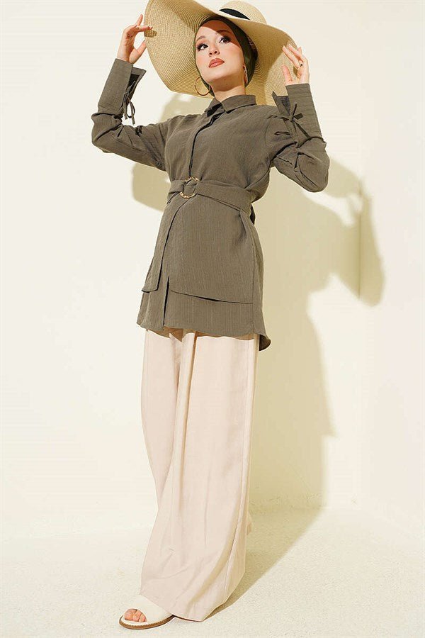 Half-Hidden Button Tie Tunic, Khaki