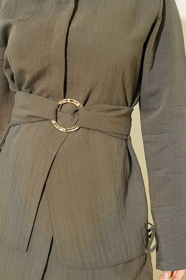 Half-Hidden Button Tie Tunic, Khaki